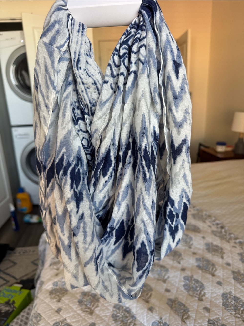 I Am Blue & White Patterned Infinity Scarf - Lightweight Home Accent - Picture 2 of 3